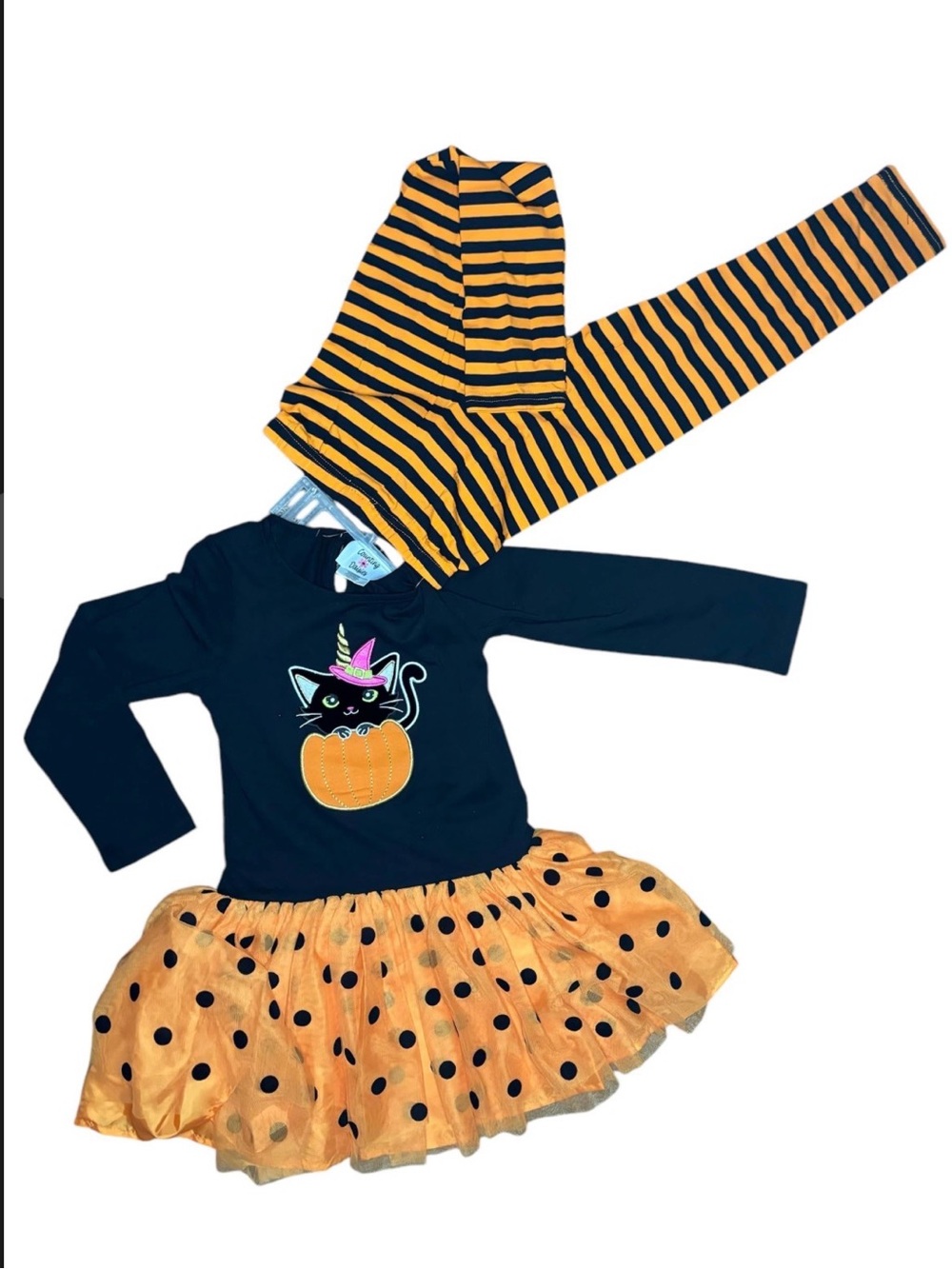 NWT! Girls Counting Daisies Cat Pumpkin Tutu Dress & Striped Leggings Set Size 8